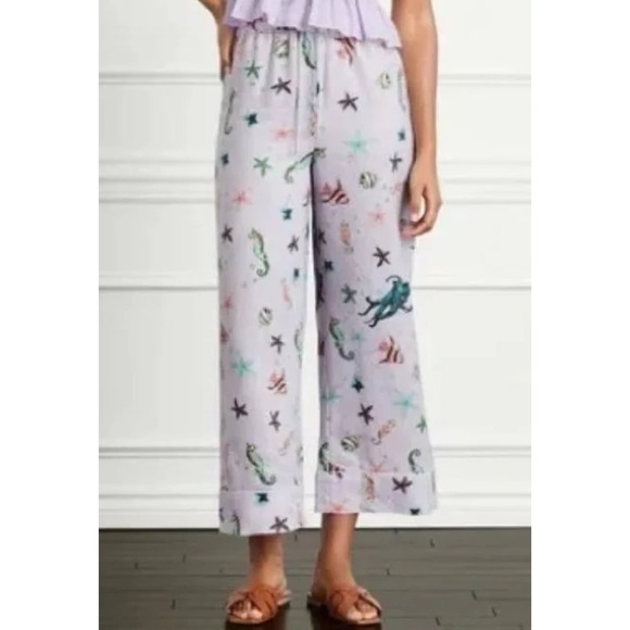 NWT Hill House Skylar Wide Leg Pant Lilac Sea Creatures Small Cropped 100% Linen - Picture 1 of 9